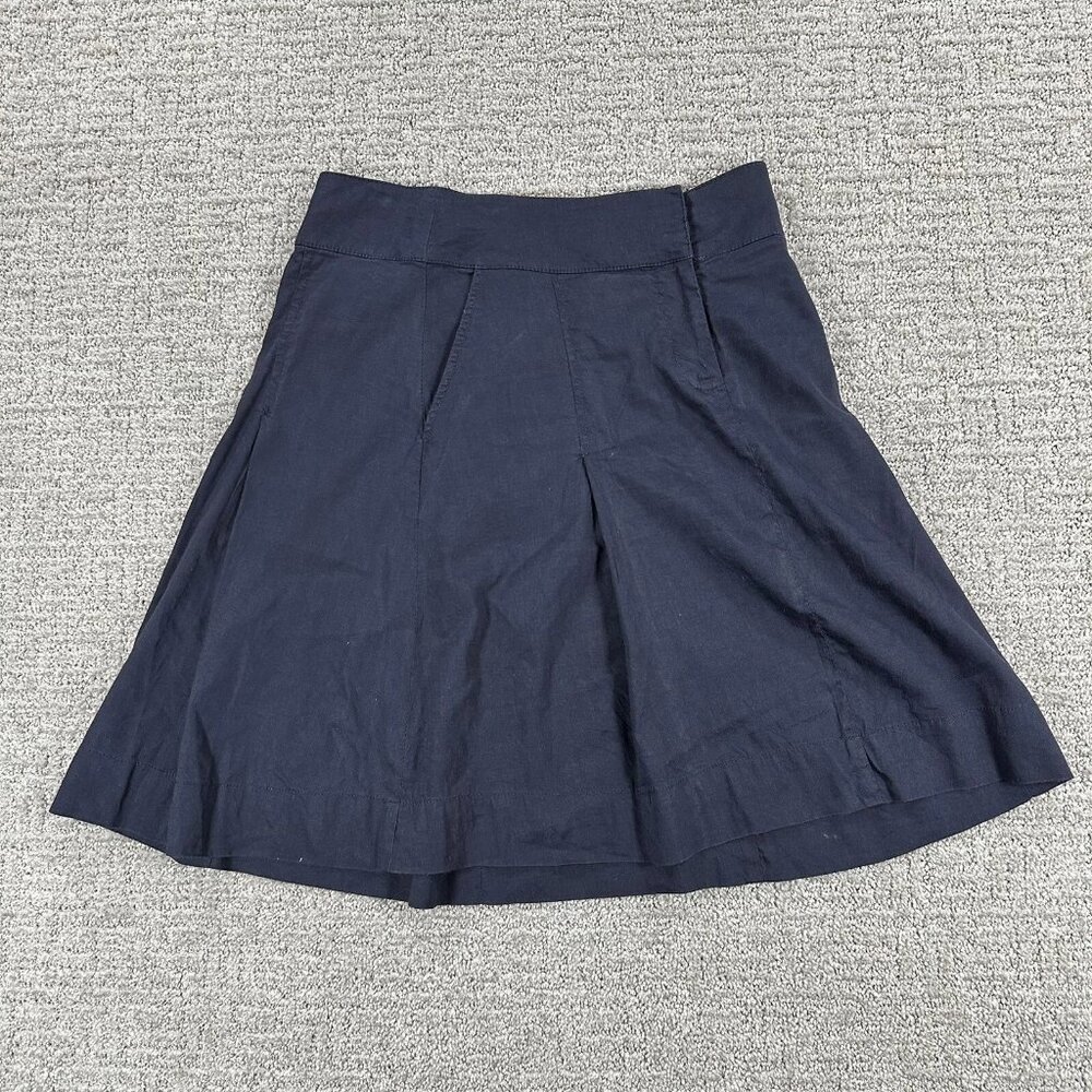 Eileen Fisher Skirt Large L Navy Blue Linen Blend Pleated Knee Length Womens - Picture 2 of 7